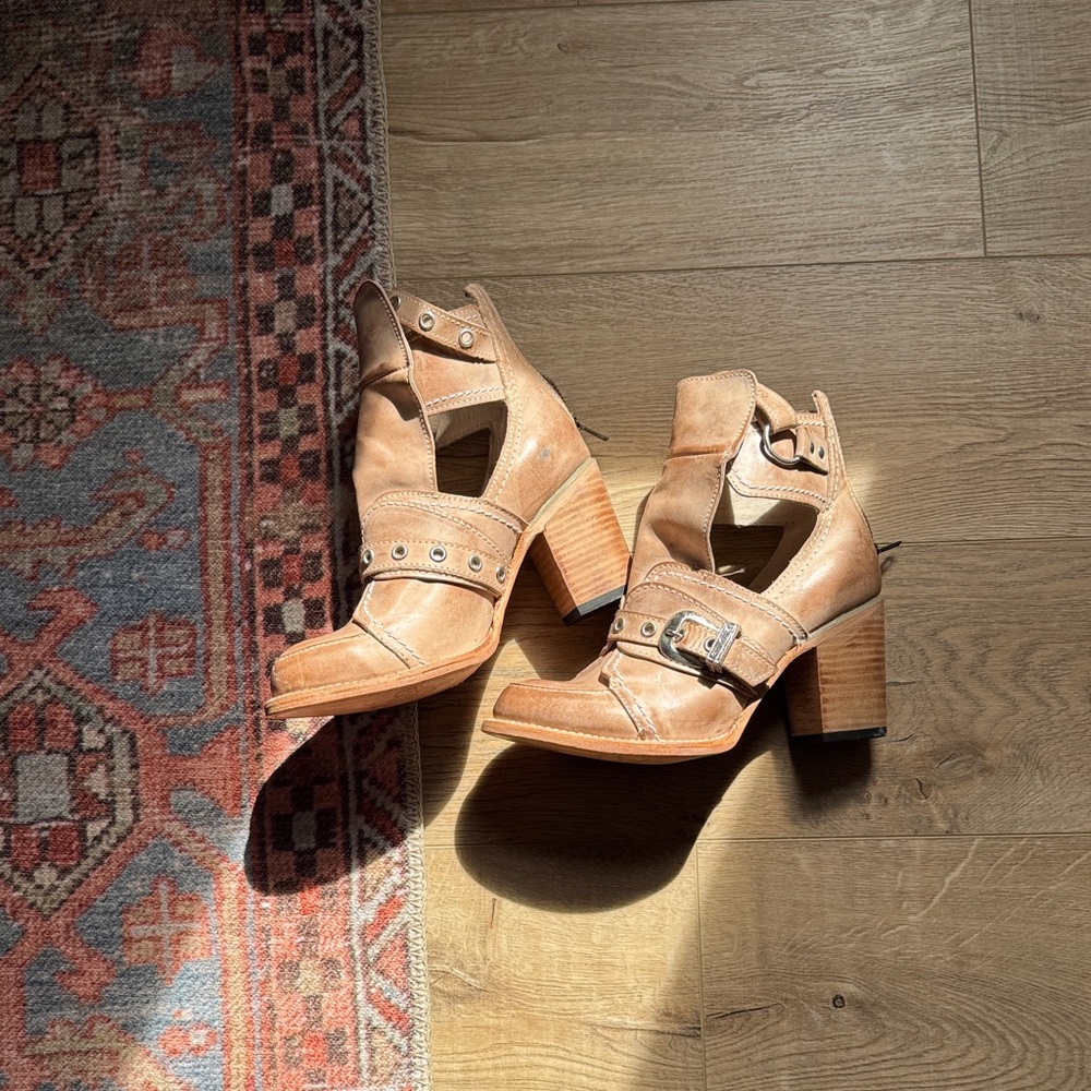 freebird Cutout Buckle Block Heel Boots in Tan